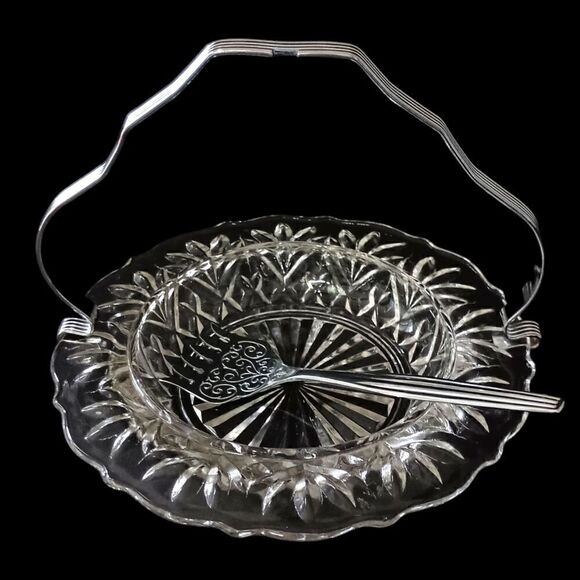 Sheffield Glass Server Plate Set Chrome Fork Holder Vintage Seafood Appetizers. - Picture 15 of 16